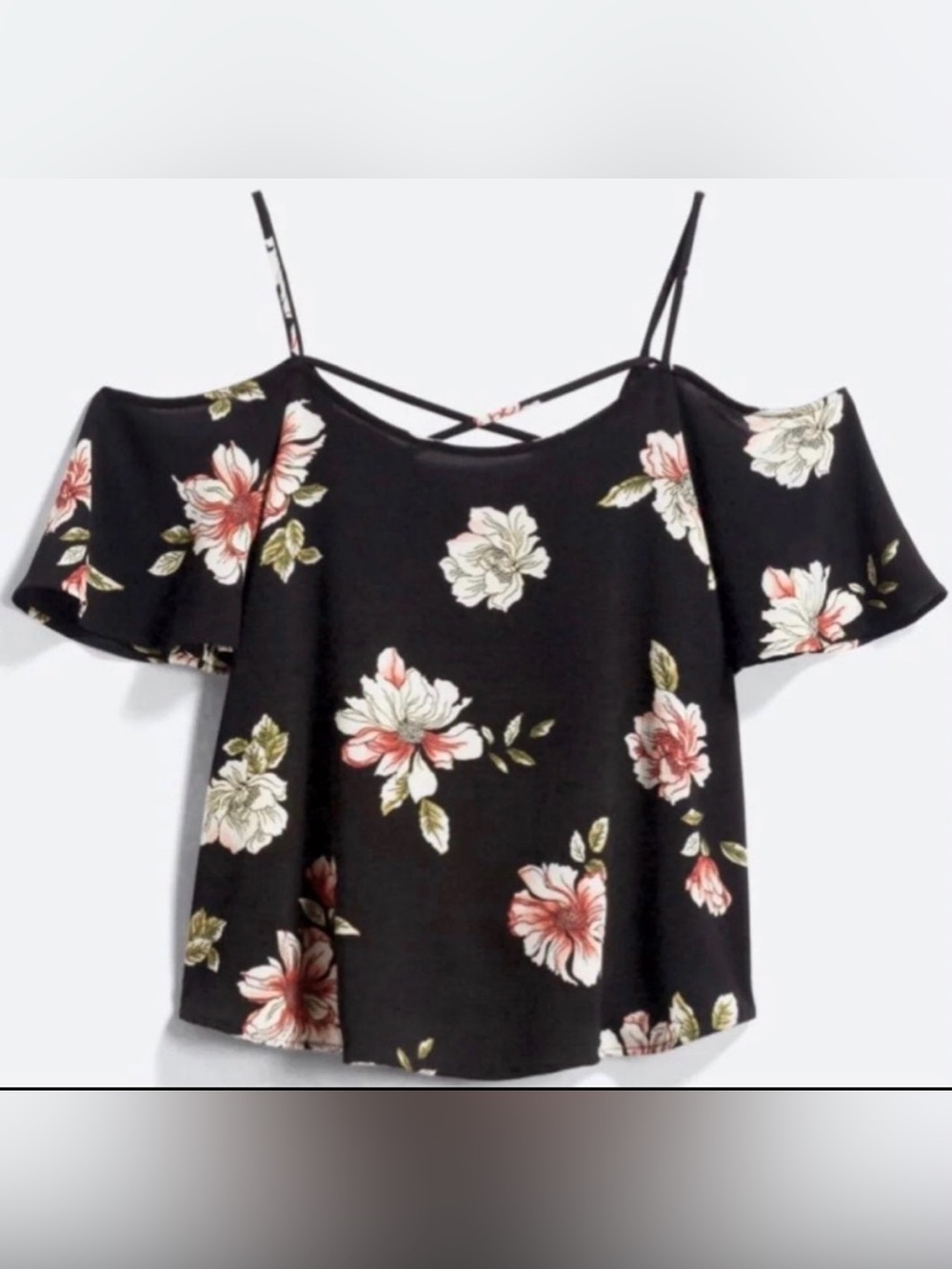 Kaileigh Black Floral Cold-Shoulder Spaghetti Strap Camisole
